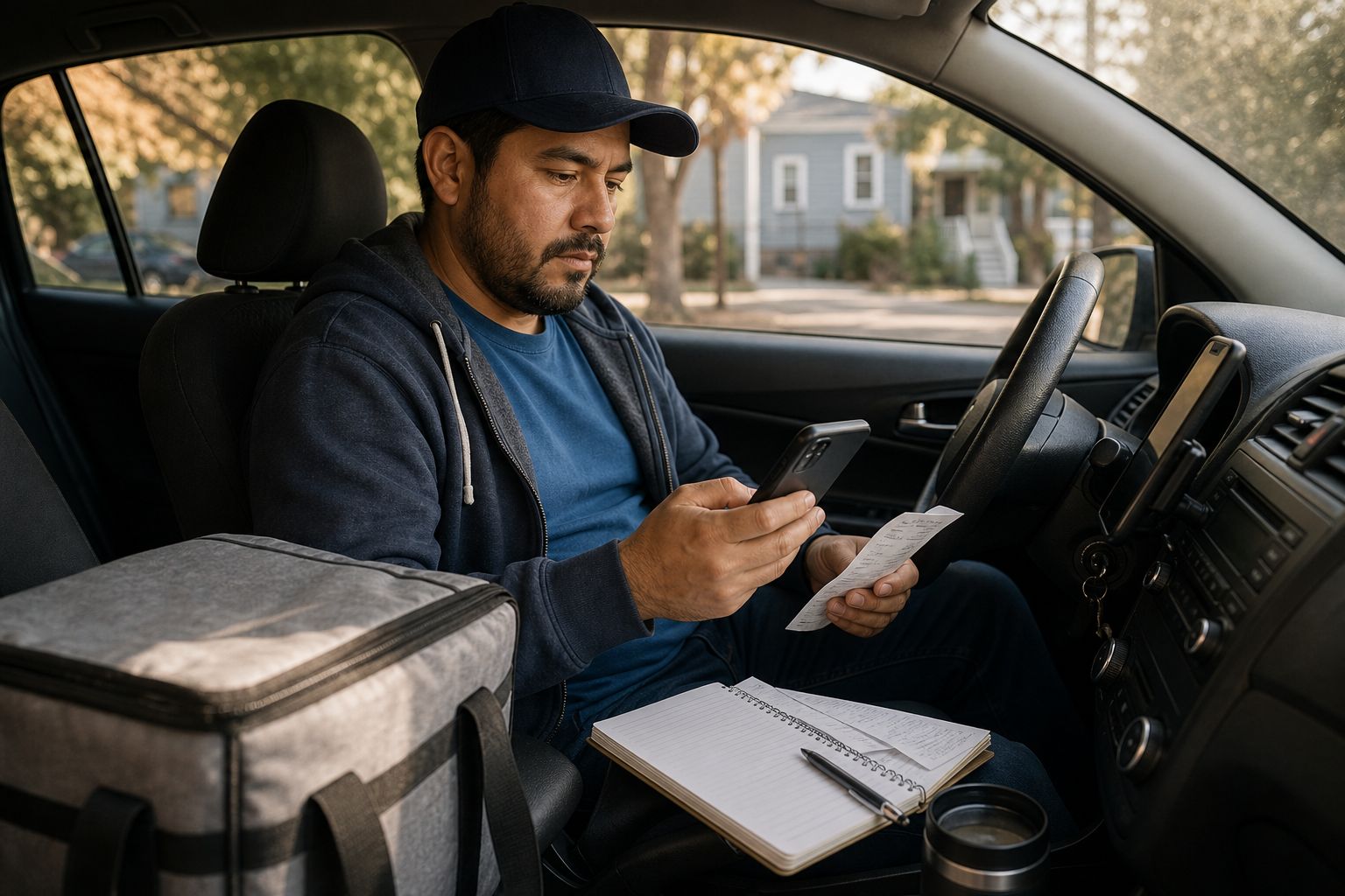 A delivery driver logs a stop on his phone from the front seat, insulated bag beside him.