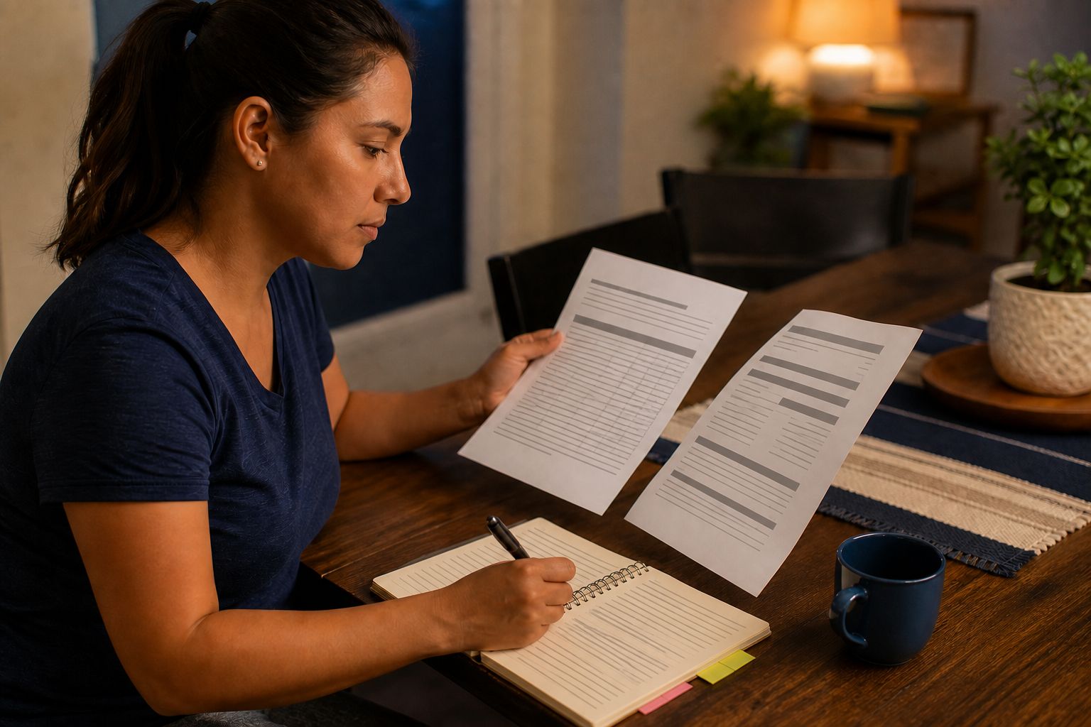 A worker compares two wage statements line by line and copies figures into a notebook.