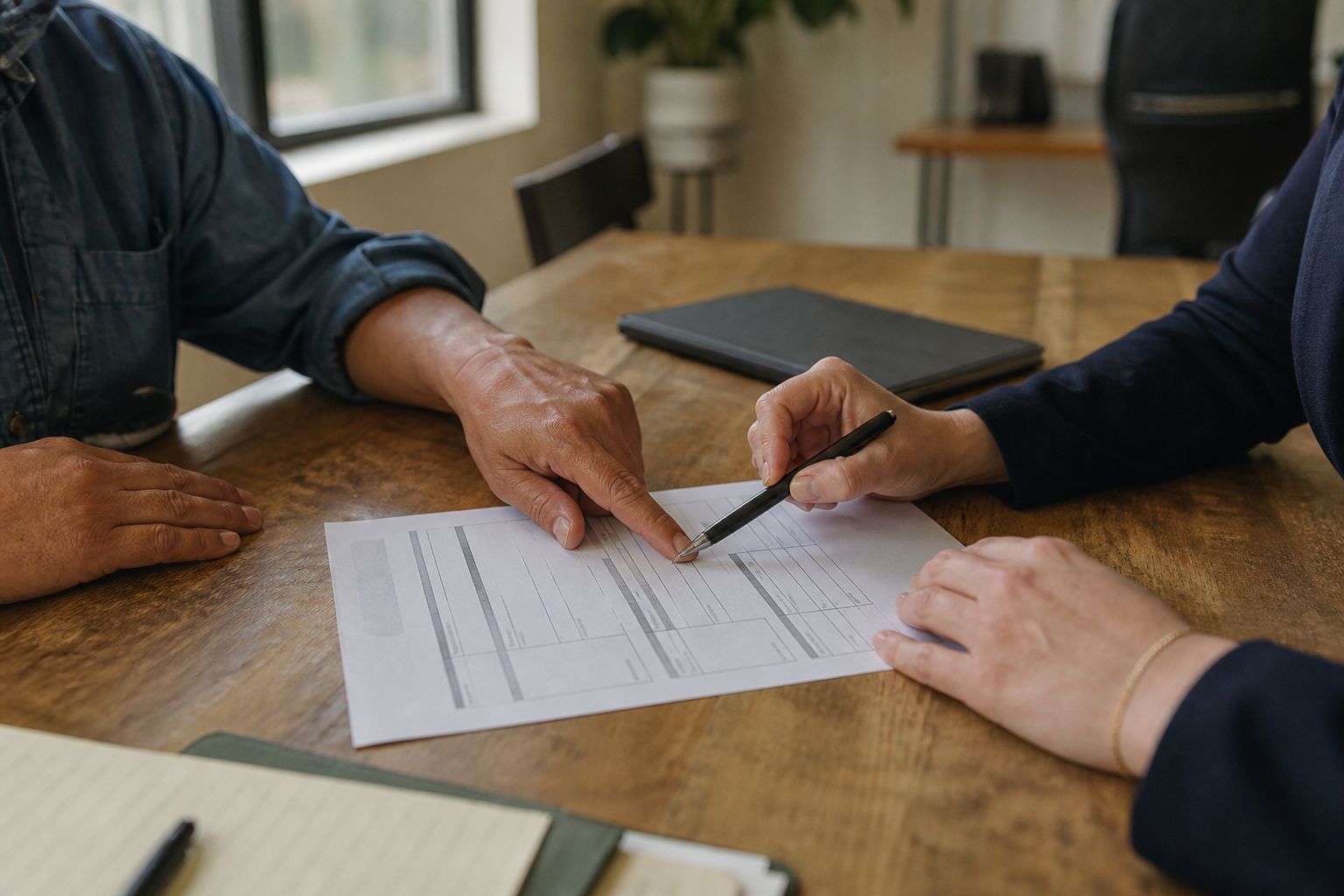 Across a table, one hand points to a line on a form as another follows the clause.