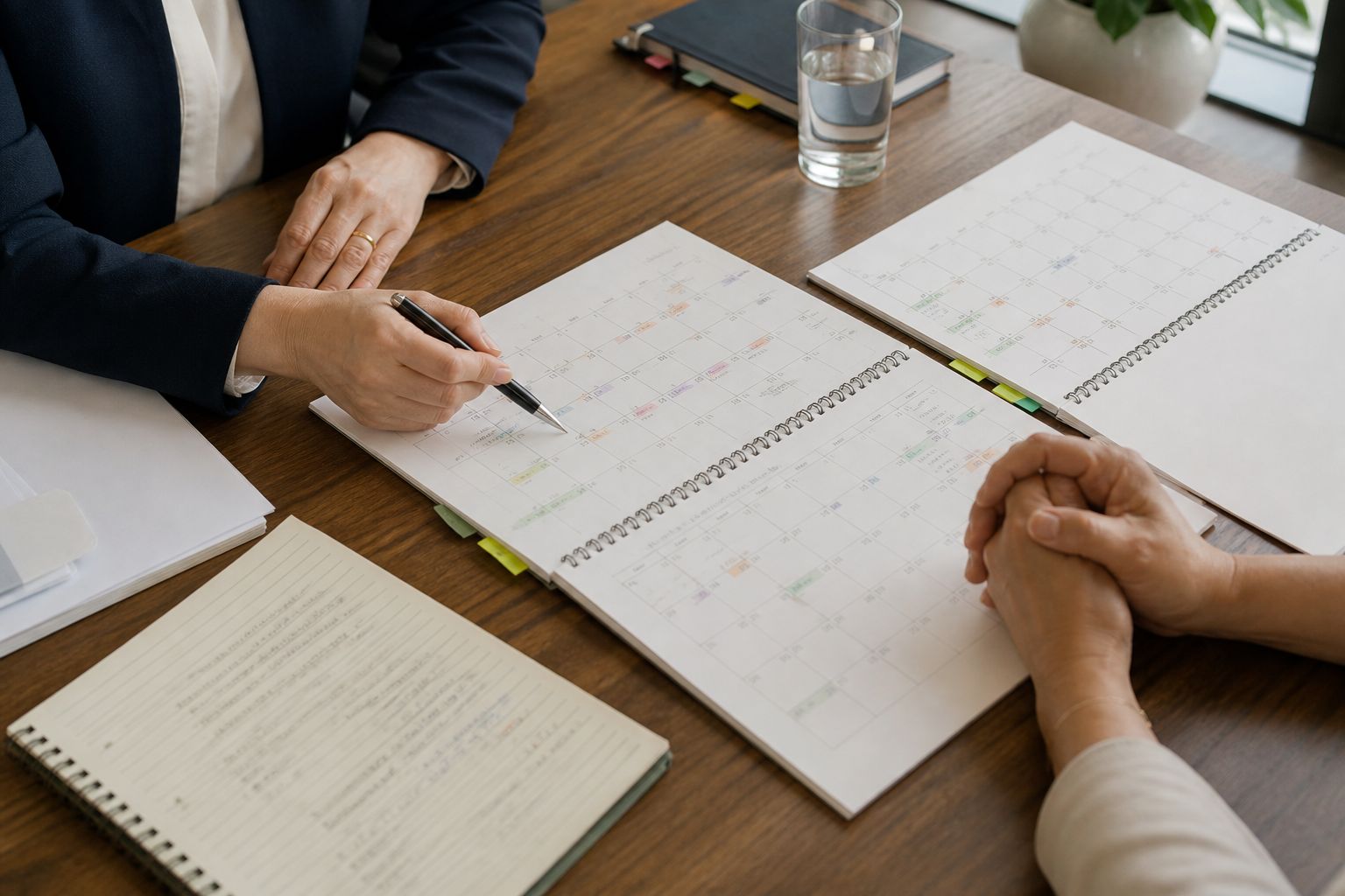 A lawyer's pen moves through a dated notebook across the table from a client's folded hands.