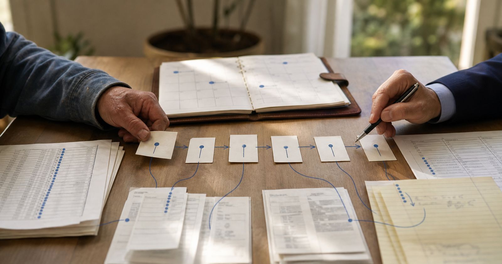 Index cards linked in sequence across a desk — a testimony chronology taking shape.