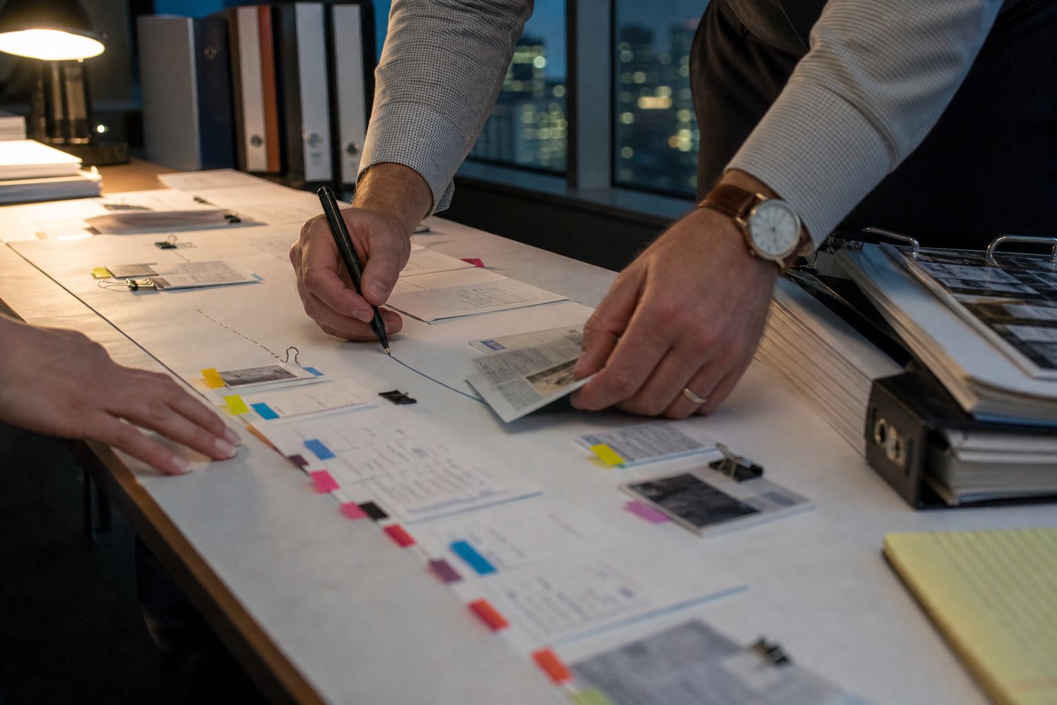 Hands lay out a document timeline with color-coded tabs across a work table at night.