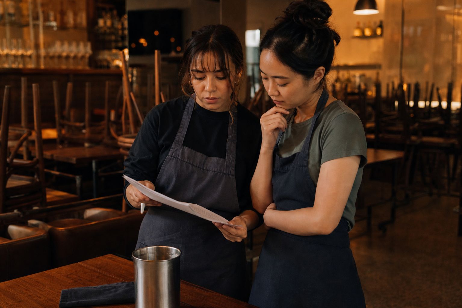 Two restaurant workers in aprons study a single document together in an empty dining room.
