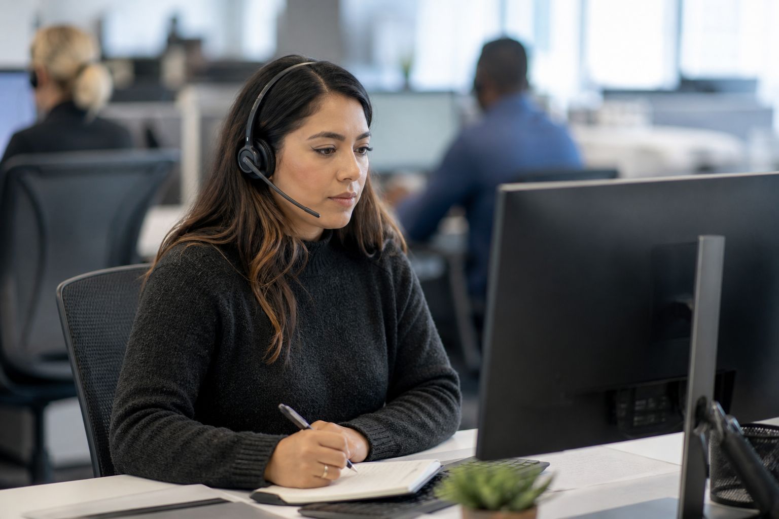 A headset-wearing employee takes notes at her monitor in an open-plan office.