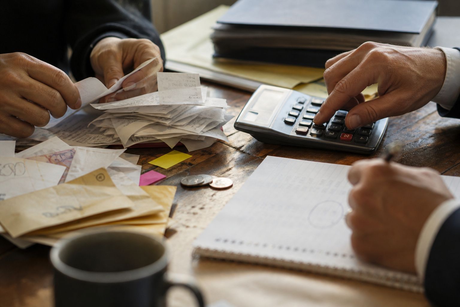 A pile of crumpled receipts beside a calculator and coffee cup, being totaled by hand.