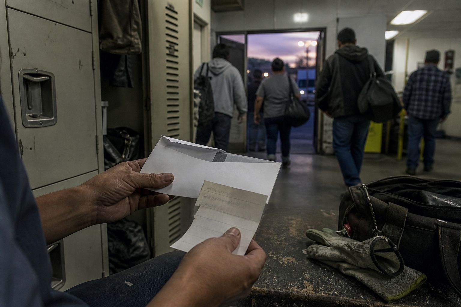At the lockers, a hand holds a final pay envelope while the crew files out at dawn.
