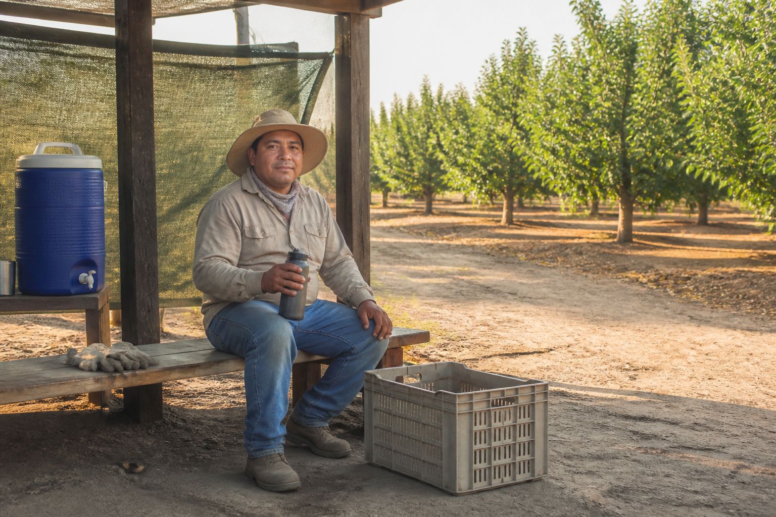A farmworker rests on a crate beside the water cooler at the edge of an orchard row.