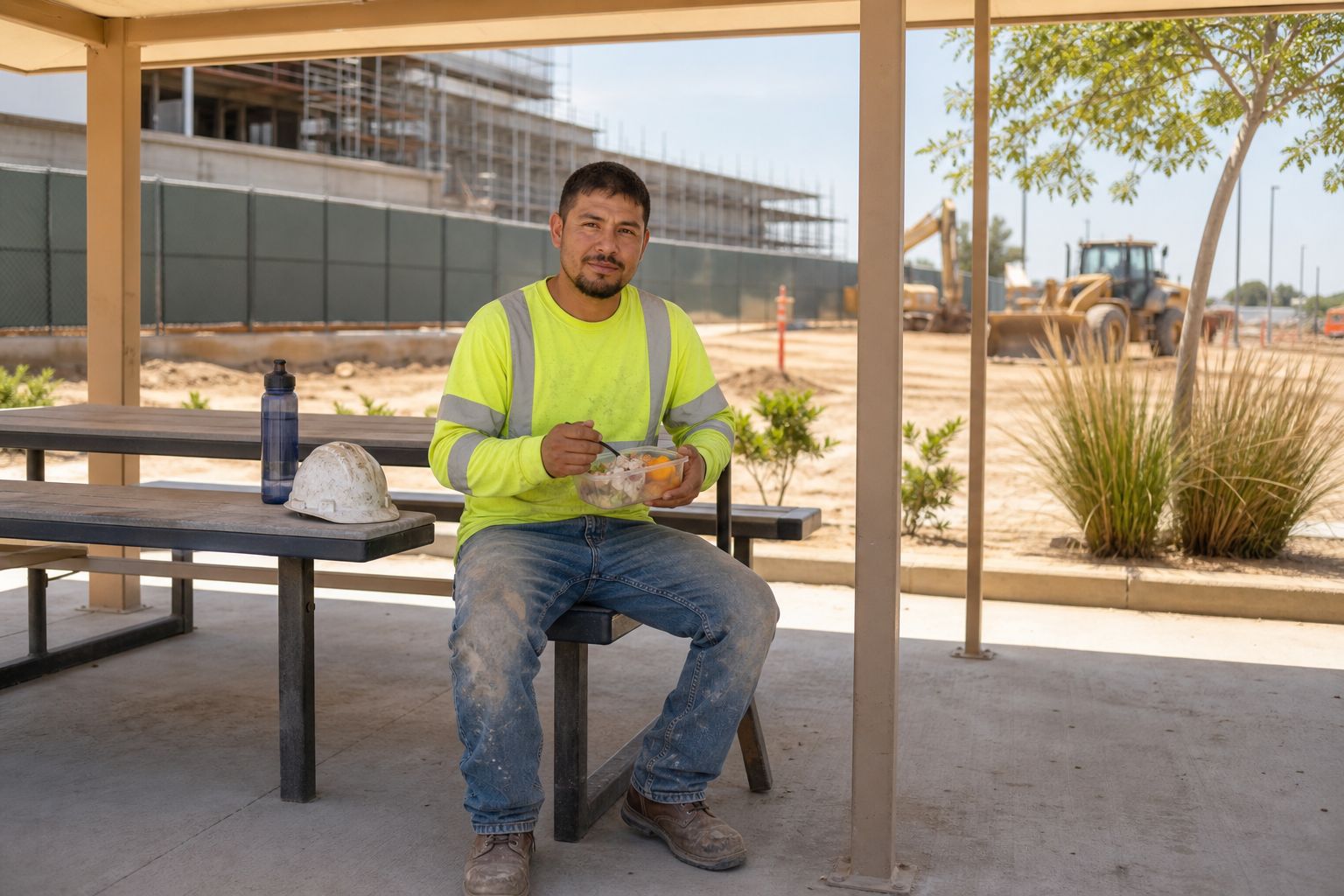 A construction worker in a safety vest eats lunch on a bench at the edge of the site.