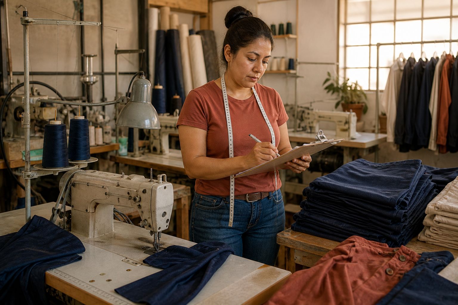 A garment worker with a measuring tape around her neck marks a production tally beside folded piecework.