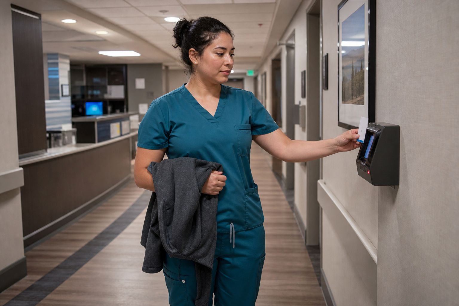 A healthcare worker in scrubs charts at a station computer, lunch still packed beside the keyboard.