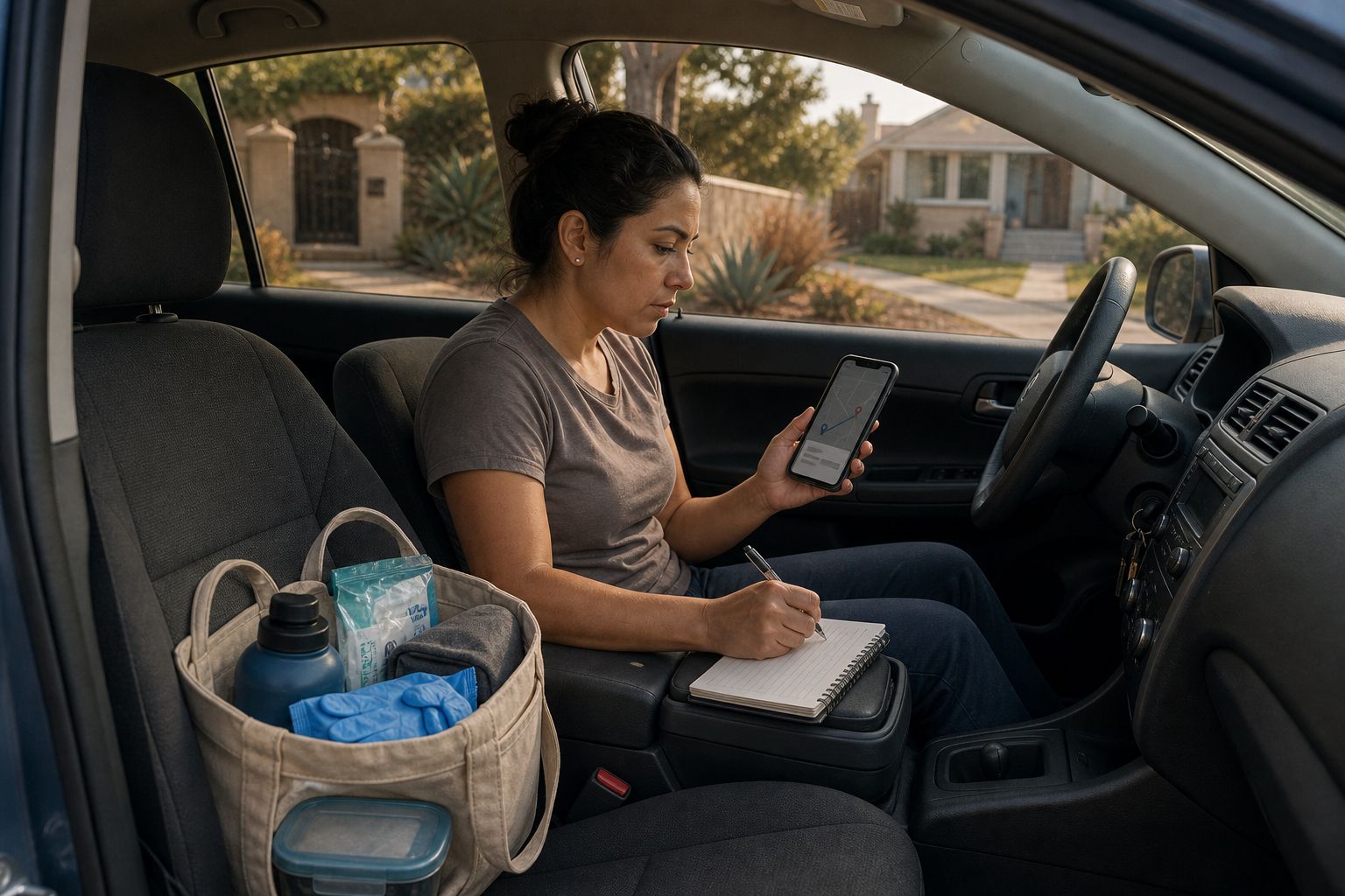 A home-care worker writes the visit log in her parked car between clients, supply bag on the seat.