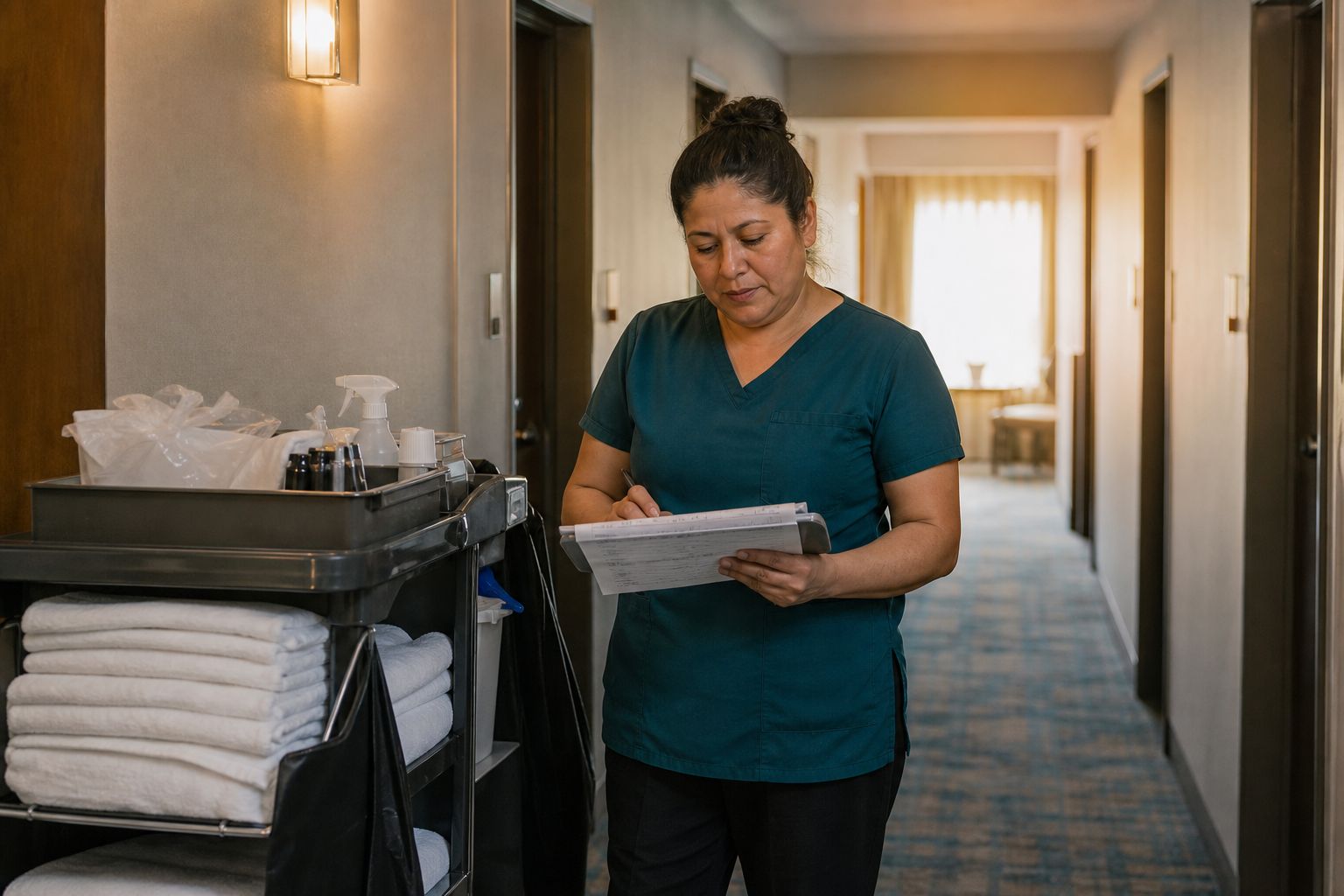 A hotel housekeeper checks the room checklist beside her cart in a bright corridor.