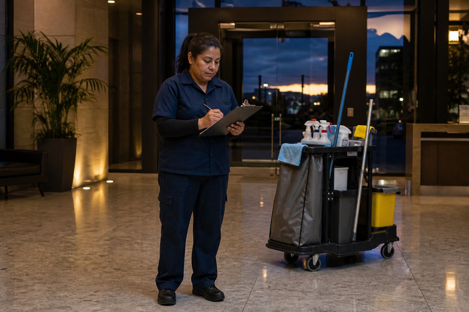 A janitor with a supply cart notes her shift record in an empty lobby at night.