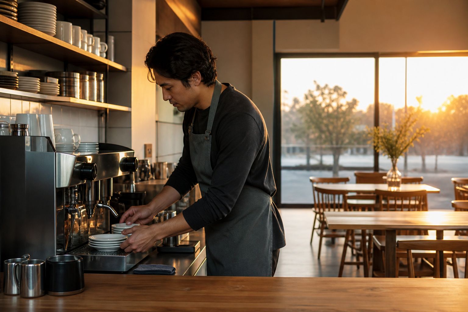 A barista in an apron closes down the espresso bar alone as sunset light crosses the empty café.