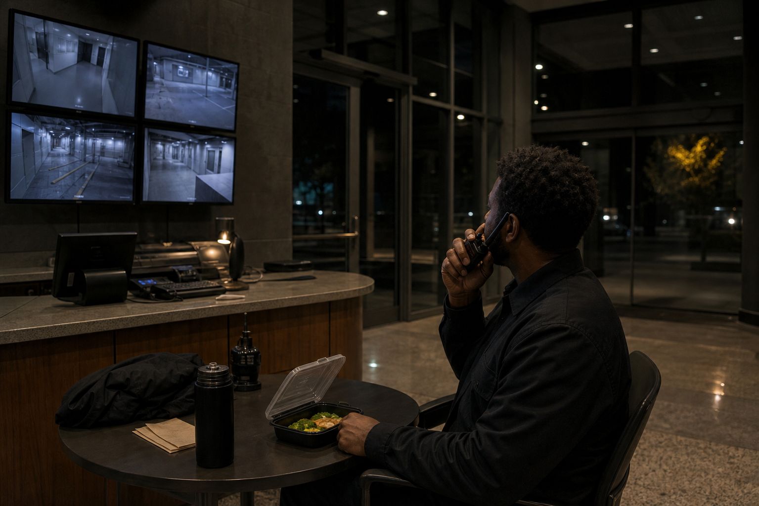 A security guard eats at his post, radio in hand, still watching the camera monitors.