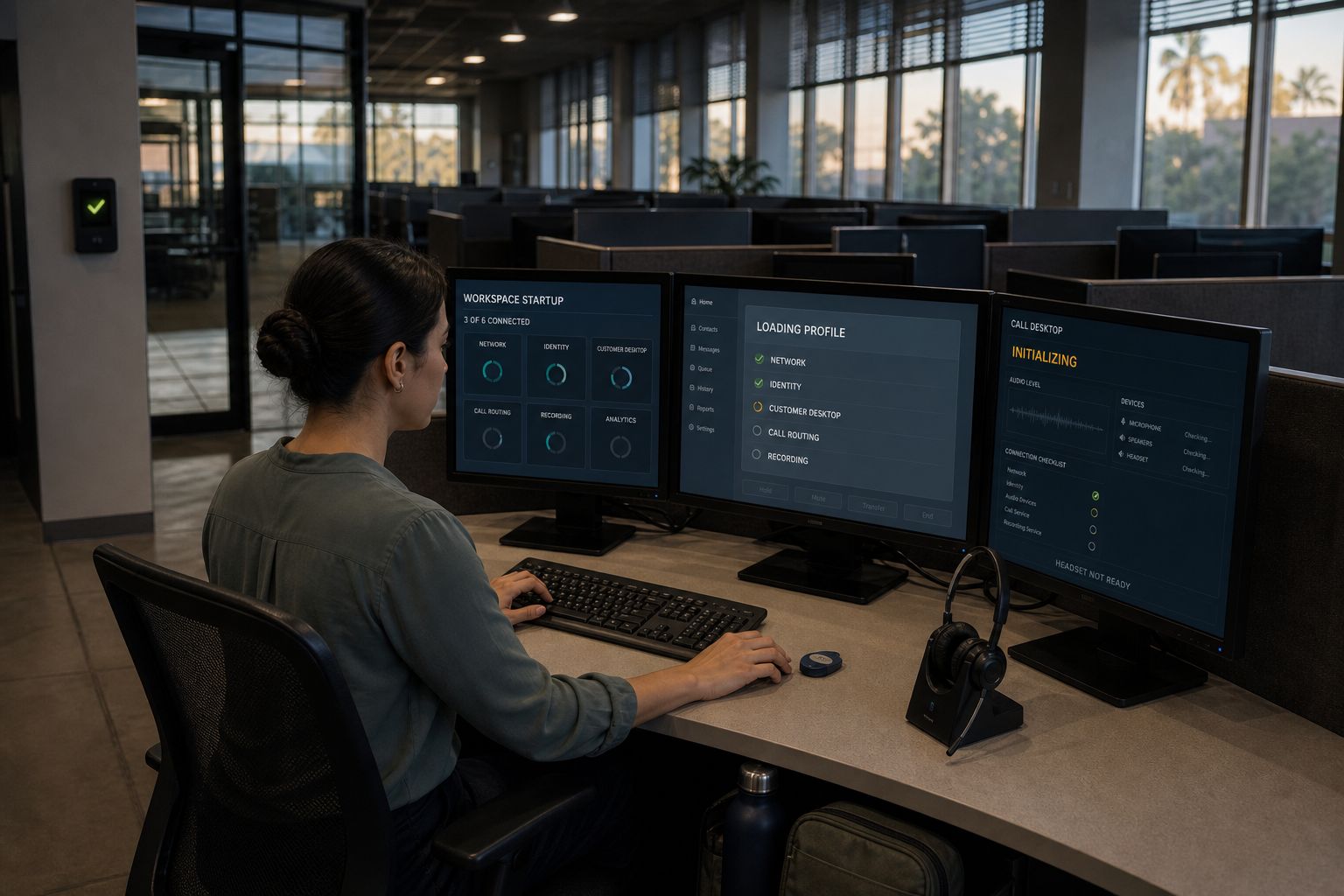 An employee at a three-monitor workstation waits for systems to load in a dim office at dawn.