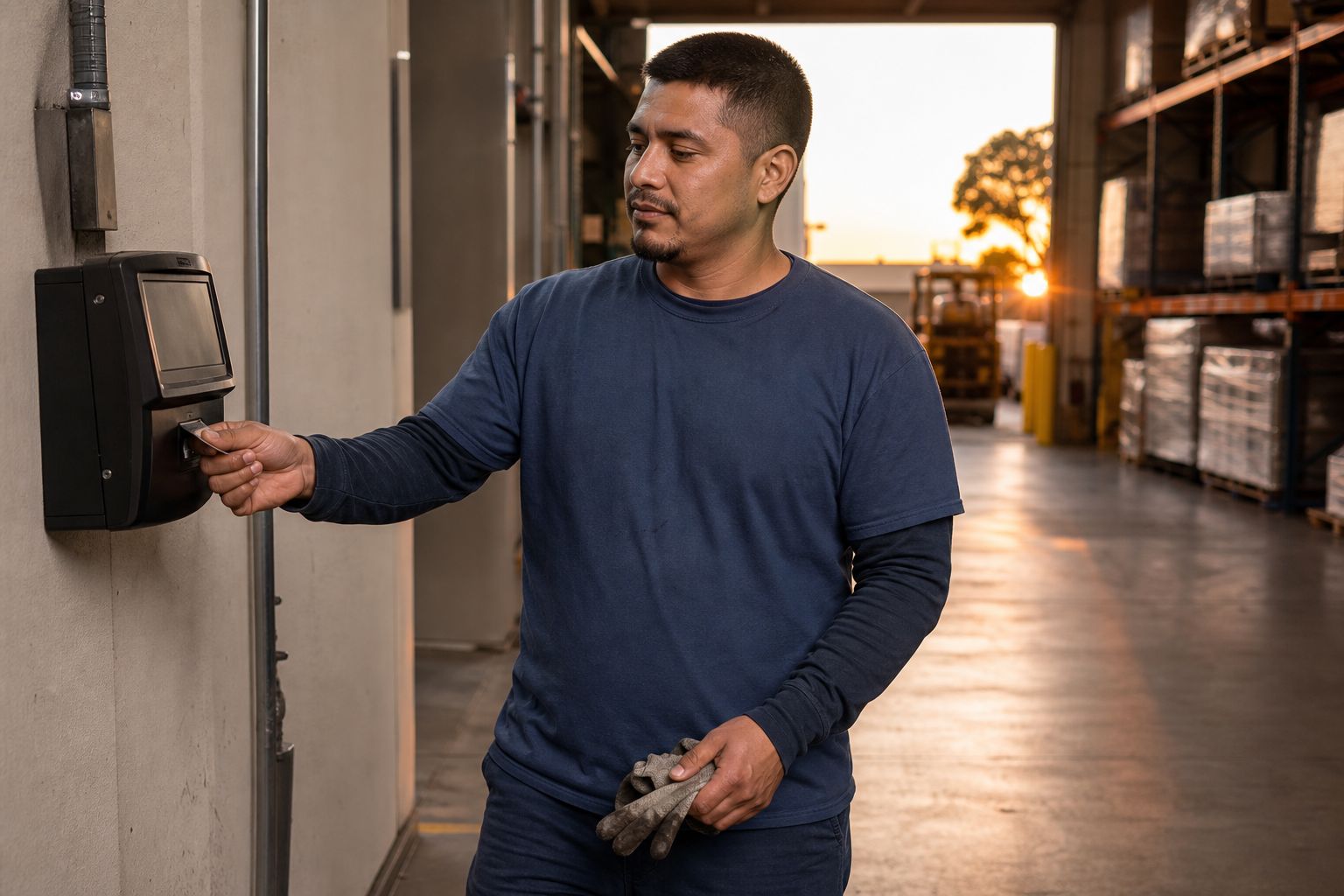 A warehouse worker badges the wall time clock as low sun comes through the dock door.