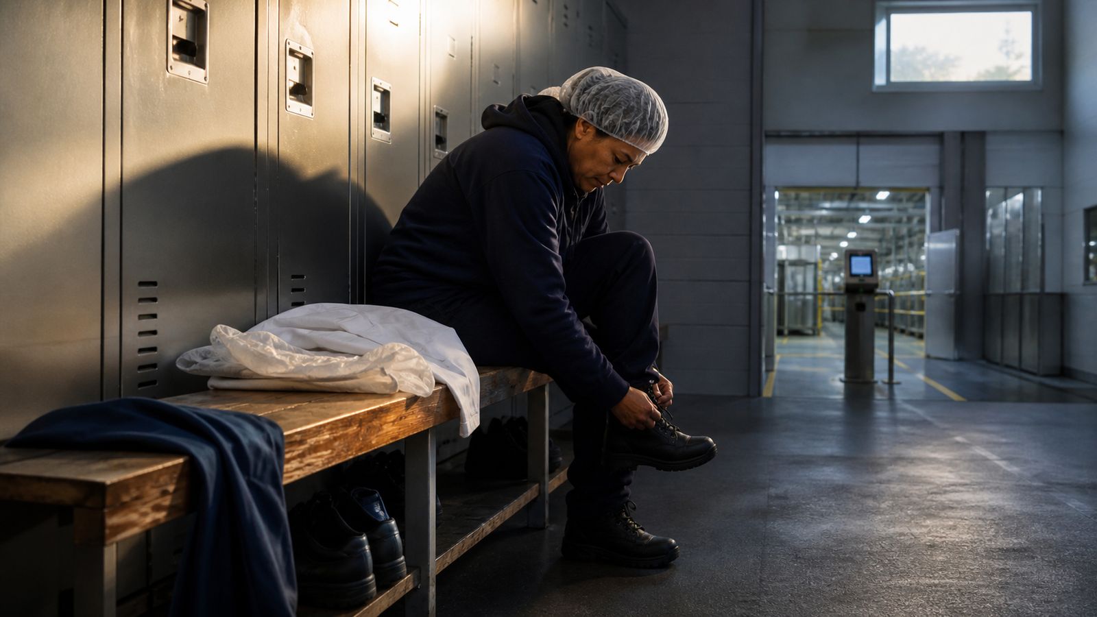 A worker in a hairnet sits alone on a locker-room bench at the end of a shift, lacing a boot.