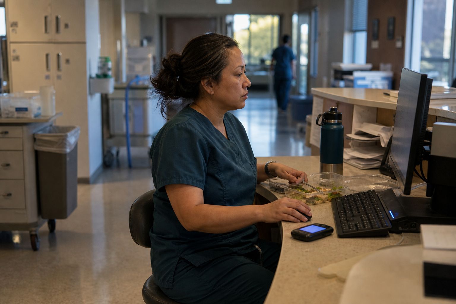 A nurse eats at a desk station mid-task, monitor and phone still on — a meal period that never left the floor.