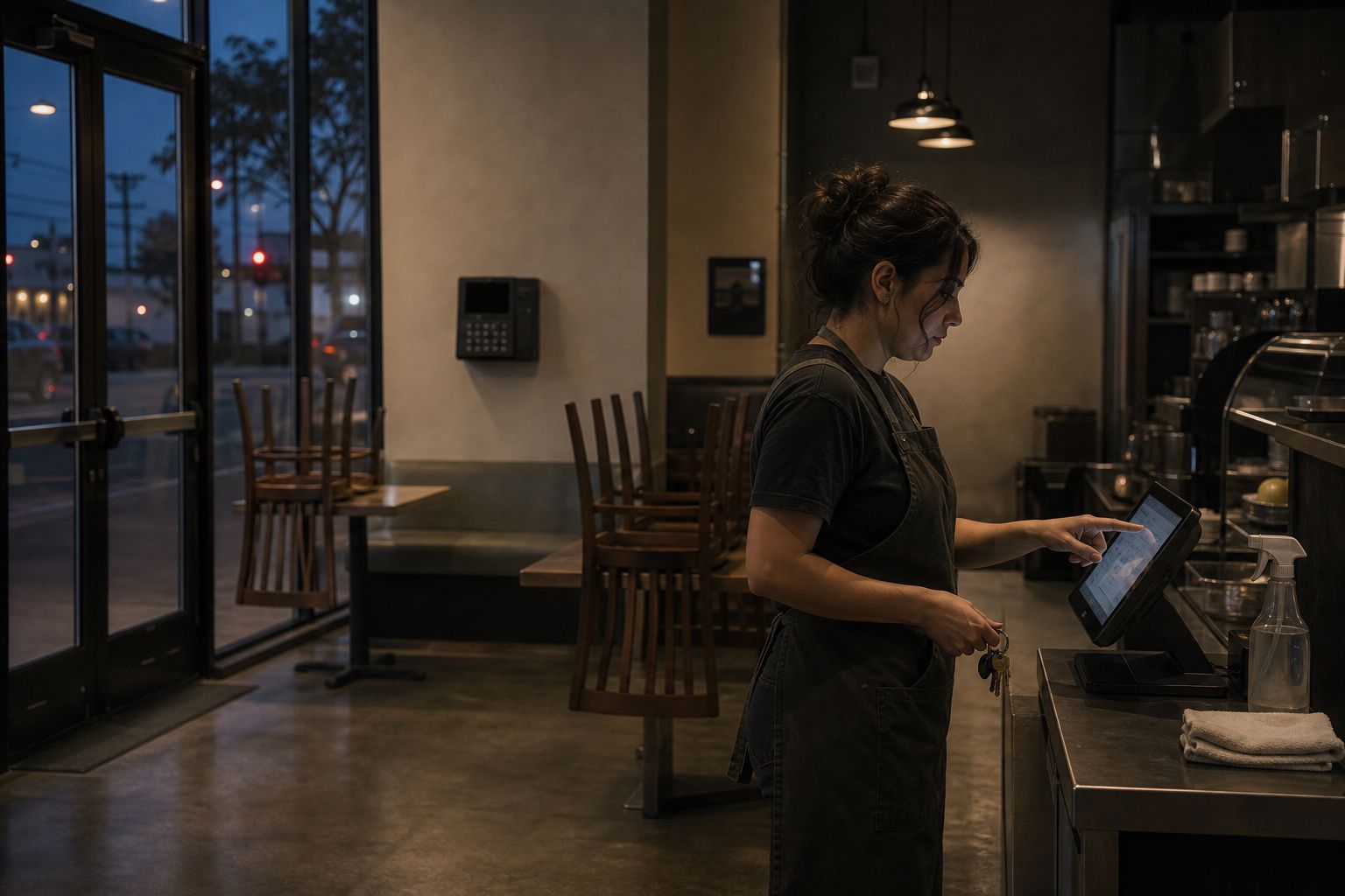 After close, a café worker finishes tasks at the register while the chairs sit stacked in the dark.