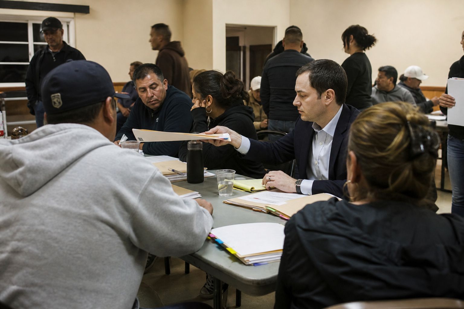 A lawyer passes a document across folding tables to a room of workers at an evening meeting.