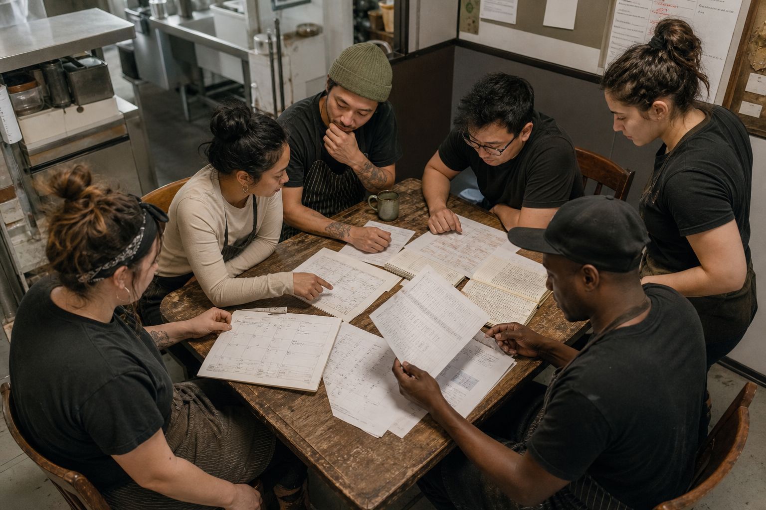 Around a break-room table, a crew of coworkers lays their pay records side by side and compares them.
