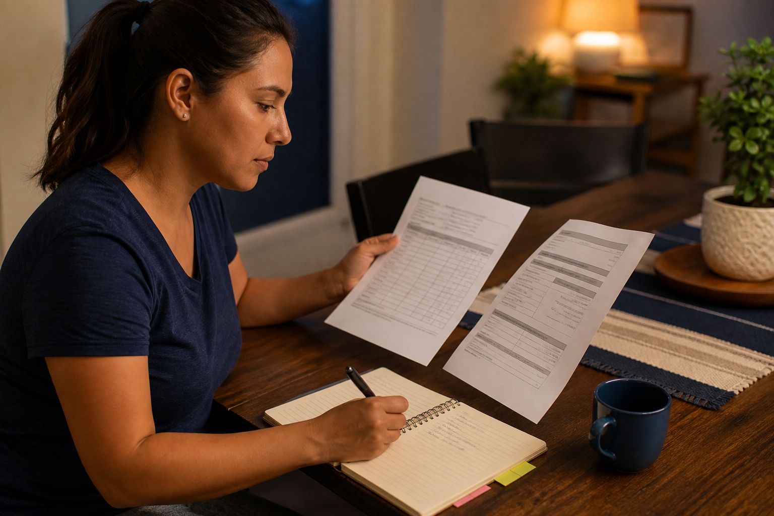 In the evening, a worker drafts a written request in a notebook beside her pay records.