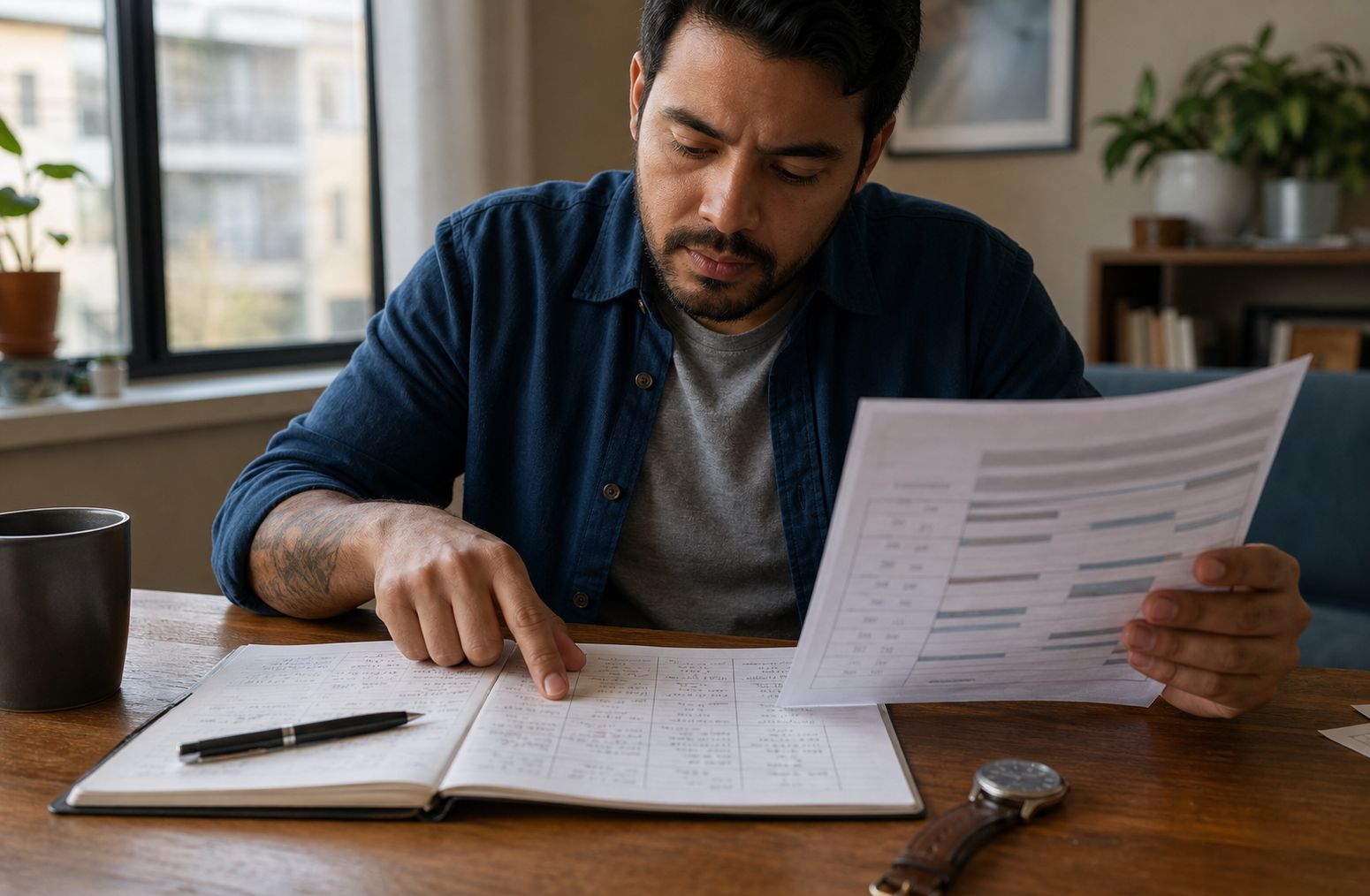 A man at his dining table reads a severance packet closely, pen ready over a notebook.