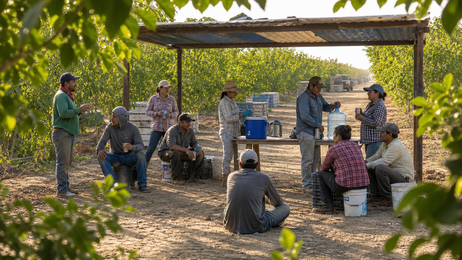 Una cuadrilla del campo descansa a la sombra de una enramada, entre las hileras de árboles.