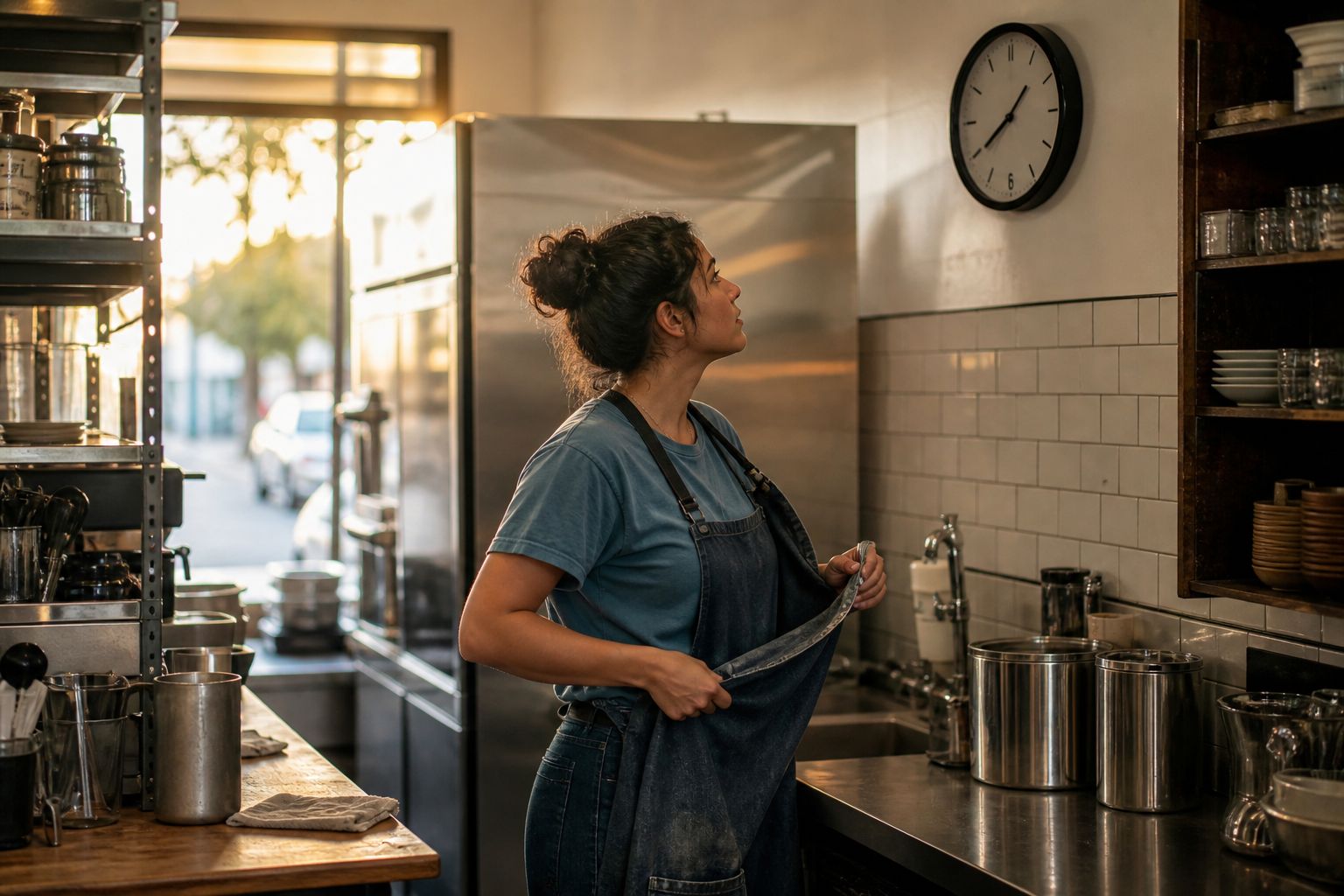 A cook glances up at the kitchen wall clock while morning light comes through the pass.