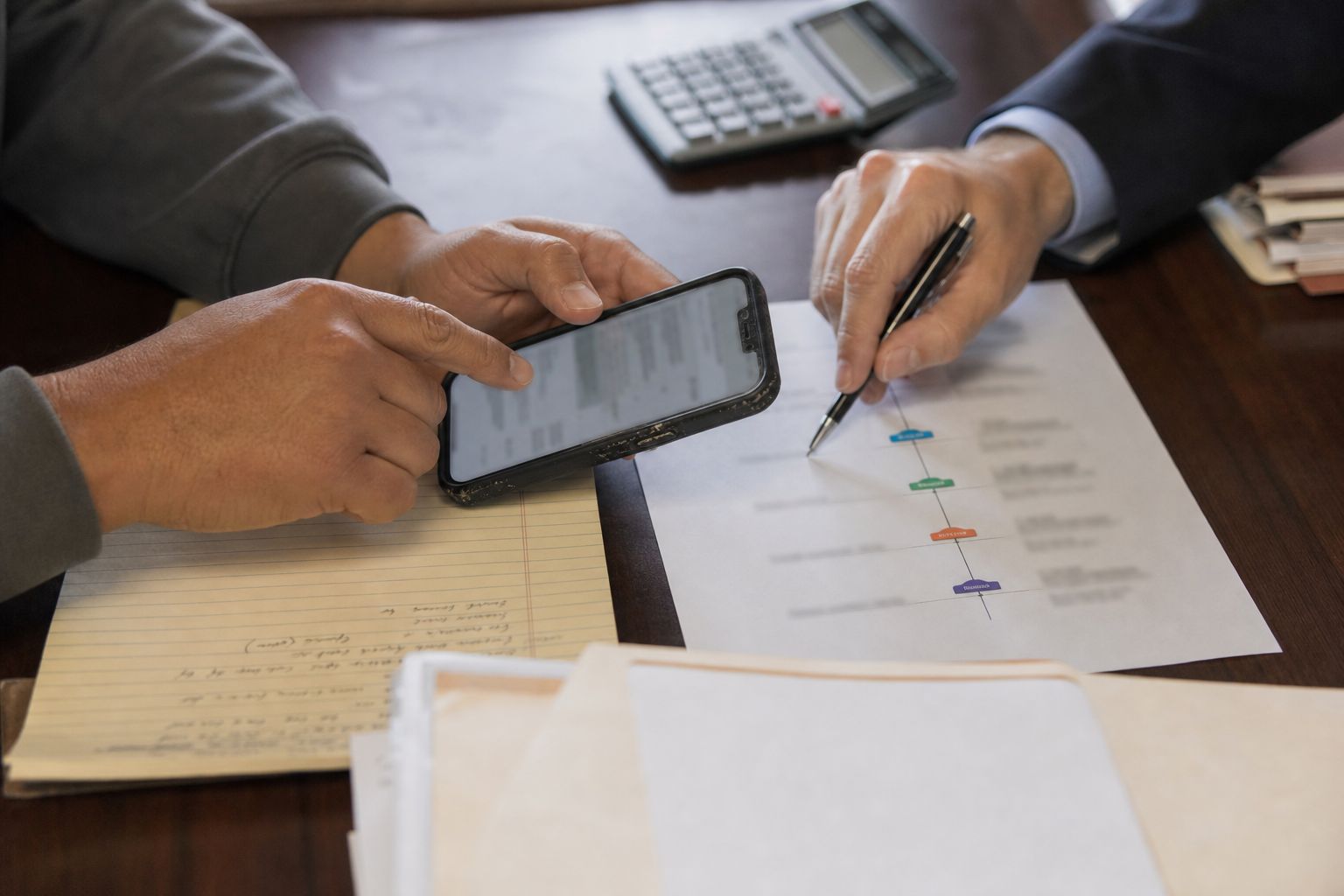 A worker's phone timeline is matched against a handwritten chronology across a desk.