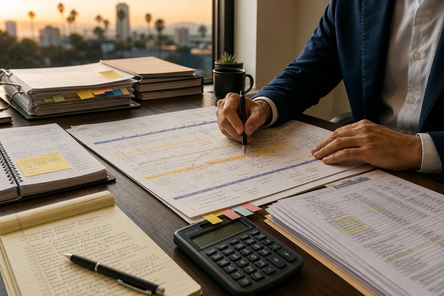 Highlighted pay records, a spiral notebook, and a calculator spread across a desk in warm light.
