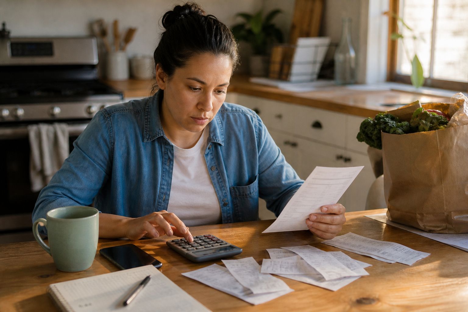 At a kitchen table, a woman works through pay stubs with a calculator, groceries still in the bag.