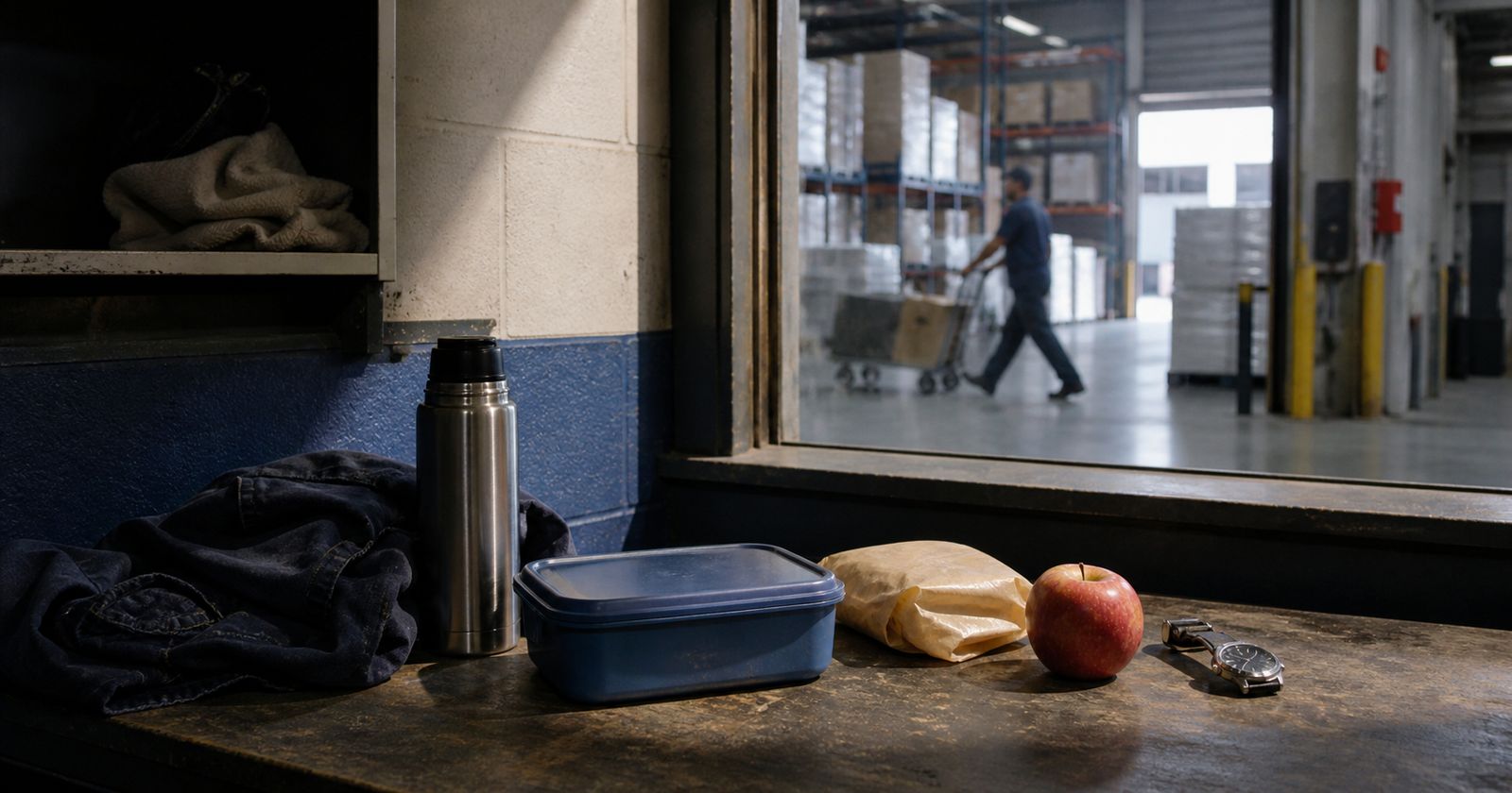 Through a break-room window, a lone worker crosses a warehouse floor with a pallet cart.