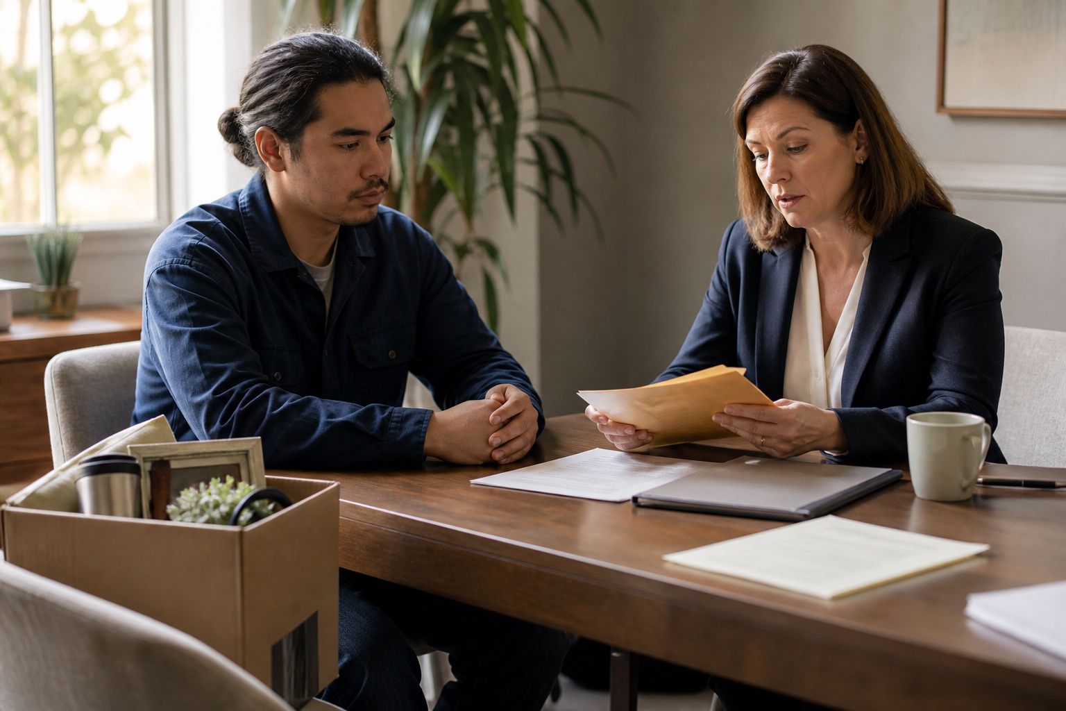 A worker sits across a desk from a lawyer who reads a letter; a box of desk belongings sits beside him.